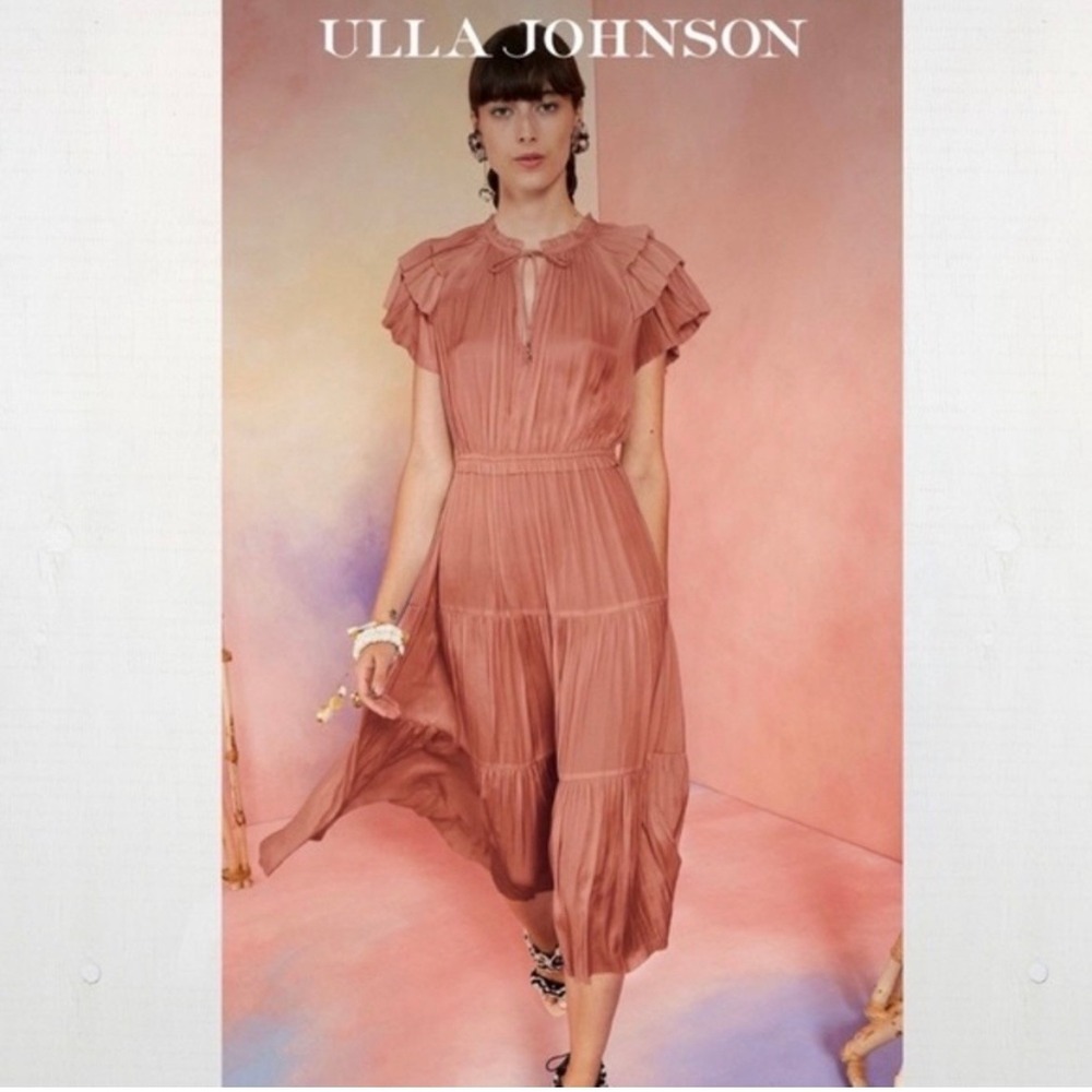 Ulla Johnson Blaire Dress Copper Plisse Satin Ruffle Tiered Midi Womens Size 8